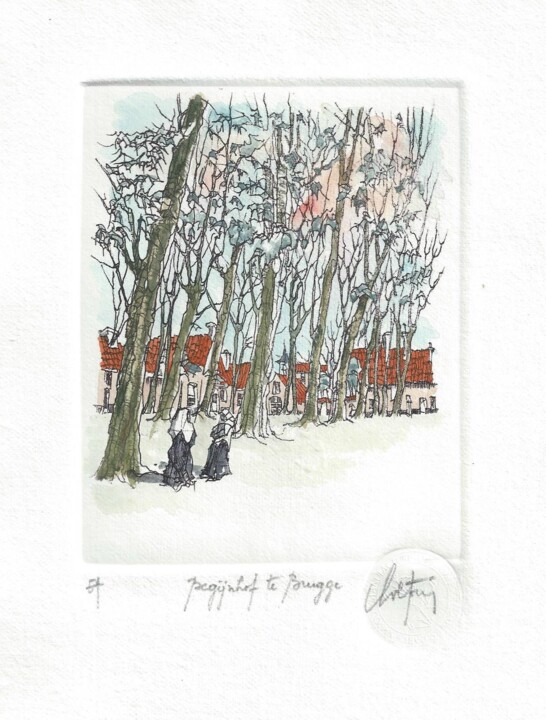Brugge Begijnhof/ Bruges le Béguinage Printmaking, 5.4x4.3 in