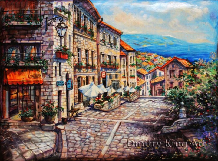 Schilderij getiteld "Italian Cityscape" door Dmitry King, Origineel Kunstwerk, Acryl Gemonteerd op Frame voor houten brancard