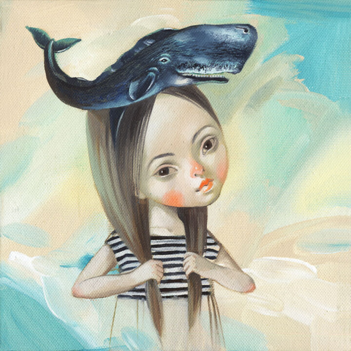 Schilderij getiteld "Whale girl / Balena" door Natalia Derevianko, Origineel Kunstwerk, Olie