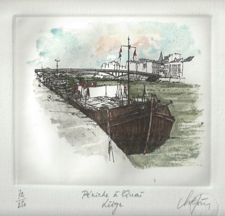 Liège Péniche à quai Printmaking, 6.3x7.3 in