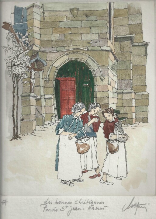 Namur Parvis St Jean Les bonnes chrétiennes Printmaking, 9.6x7.6 in