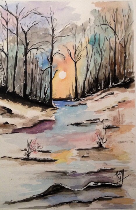 Peinture intitulée "Soleil d'hiver" par Graywolf Rm (Indian Héritage Arts), Œuvre d'art originale, Aquarelle