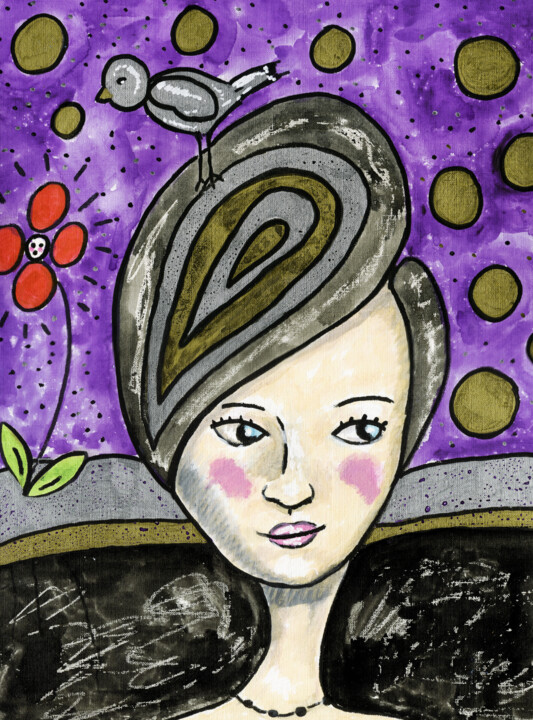 Femme avec oiseau sur la tête 图画
