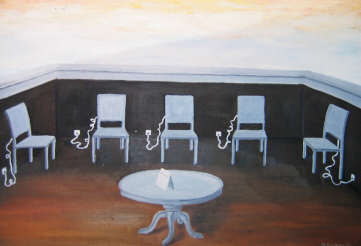 Painting titled "" Barbecue "" by Martial Dumoulin, Original Artwork, Oil Mounted on Wood Stretcher frame