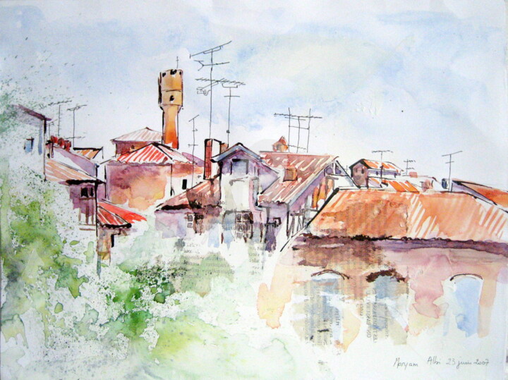 Peinture intitulée "Vieil Albi et moder…" par Anne-Marie Mary, Œuvre d'art originale, Aquarelle Monté sur Autre panneau rigi…