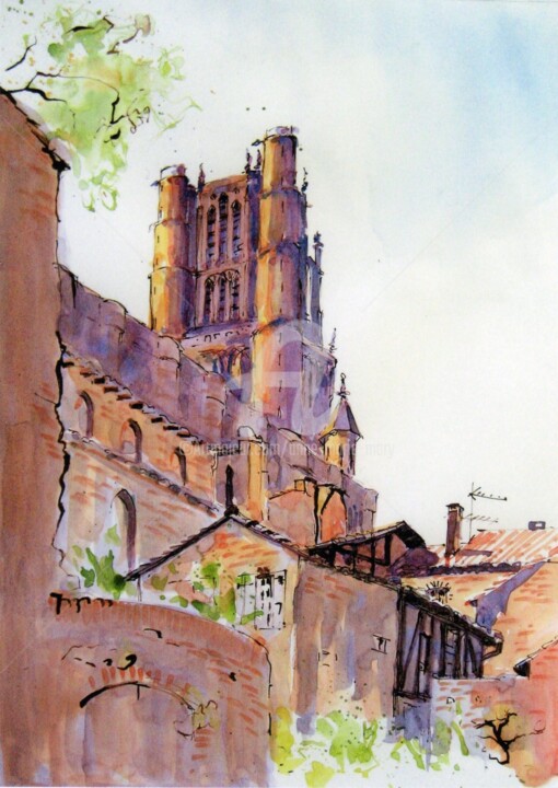 Peinture intitulée "Cathédrale d'Albi 3" par Anne-Marie Mary, Œuvre d'art originale, Aquarelle