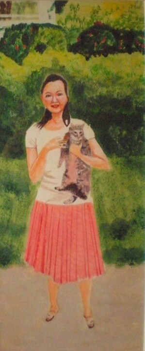 Peinture intitulée "Avec mon chat" par Jacqueline Claux (Jaklinclo), Œuvre d'art originale, Acrylique Monté sur Carton