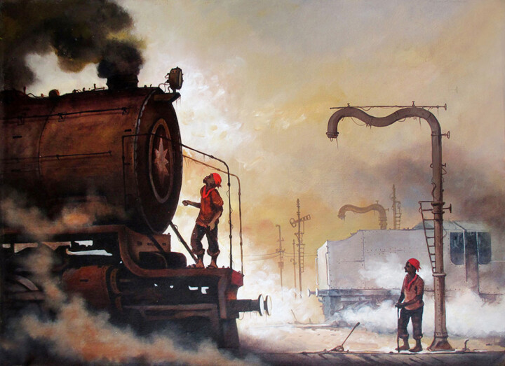 Pittura intitolato "Indian Steam locomo…" da Kishore Pratim Biswas, Opera d'arte originale, Acrilico
