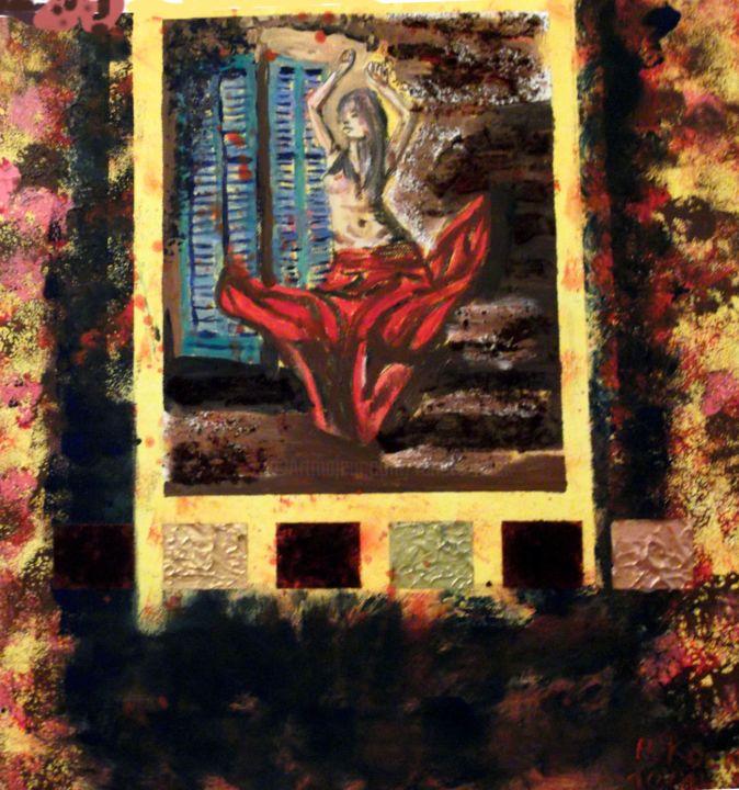 Painting titled "Feuertanz" by Renate Kock, Original Artwork, Acrylic