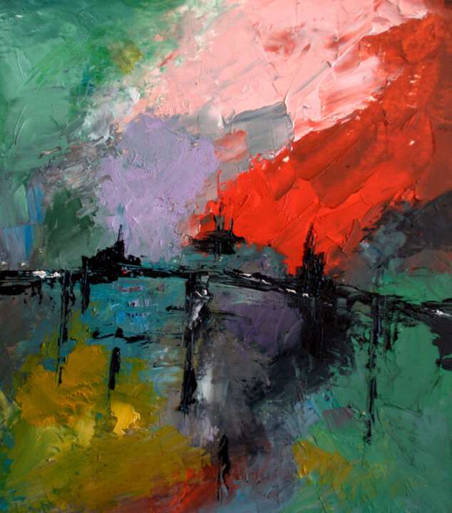 Peinture intitulée "Pont traversant" par Kam Bendi, Œuvre d'art originale, Huile Monté sur Carton