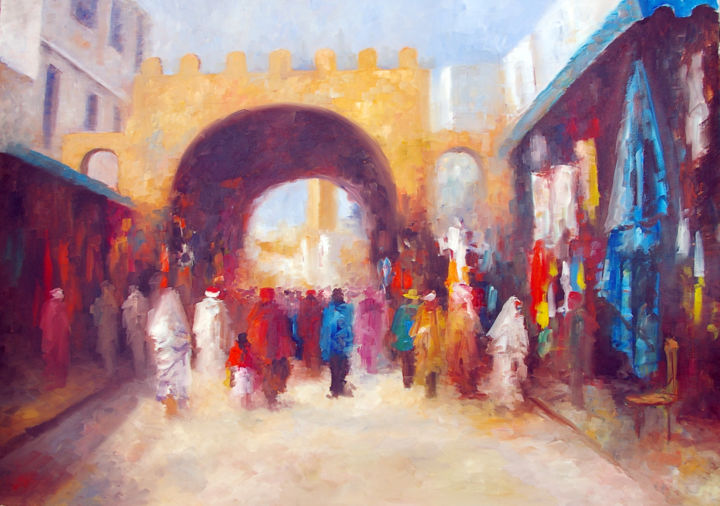Painting titled "le-souk" by Nejib Zneidi, Original Artwork, Oil