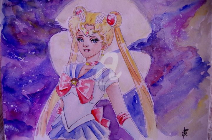Painting titled "sailor moon" by Coco Kupo, Original Artwork, Watercolor