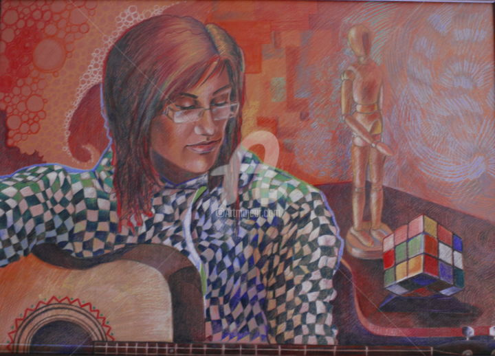 Tekening getiteld "Portrait with a gui…" door Yuliana Vladova, Origineel Kunstwerk, Potlood