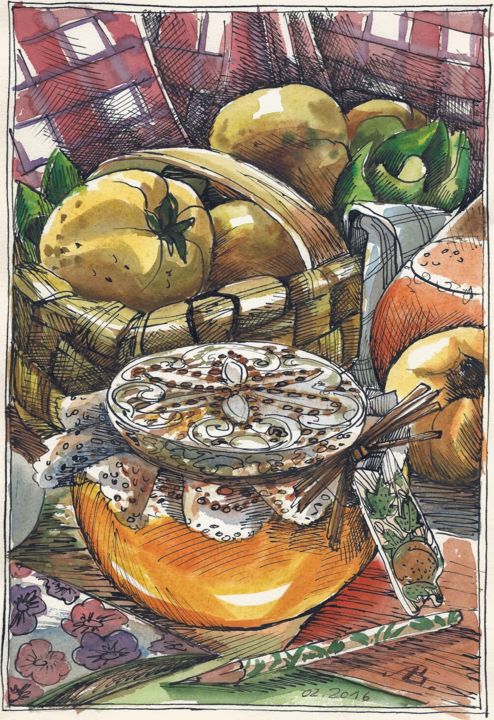 Painting titled "Quittenmarmelade" by Wassa Rosin-Bergmann, Original Artwork, Watercolor