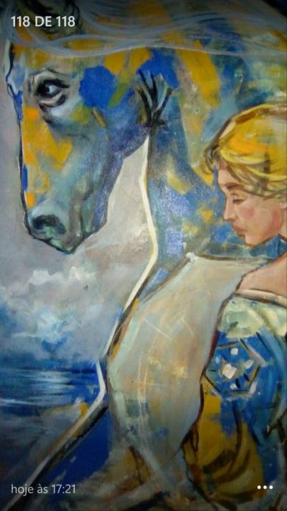 Painting titled "MOÇA COM CAVALO." by Eugenio Paxelly, Original Artwork, Acrylic