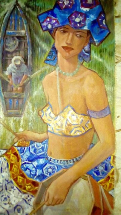 Painting titled "MOÇA TOCANDO ALFAIA" by Eugenio Paxelly, Original Artwork, Acrylic