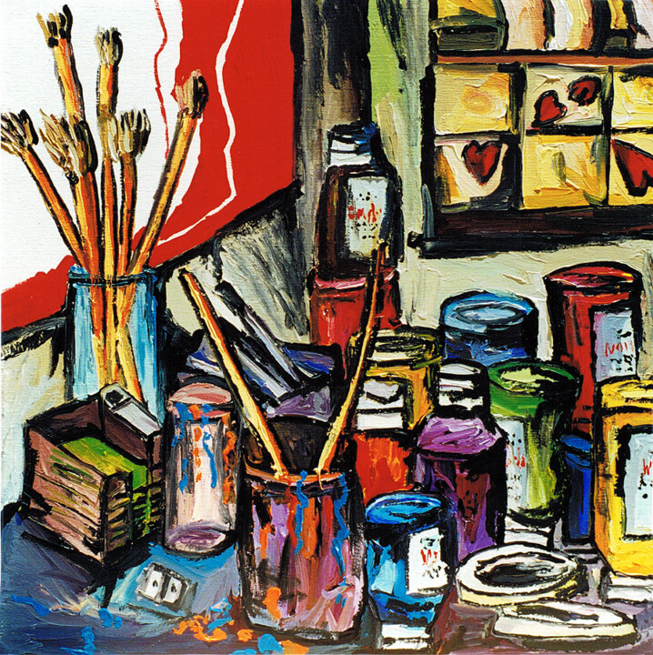 still life expressive painting my table work place 绘画, 39.4x39.4 in
