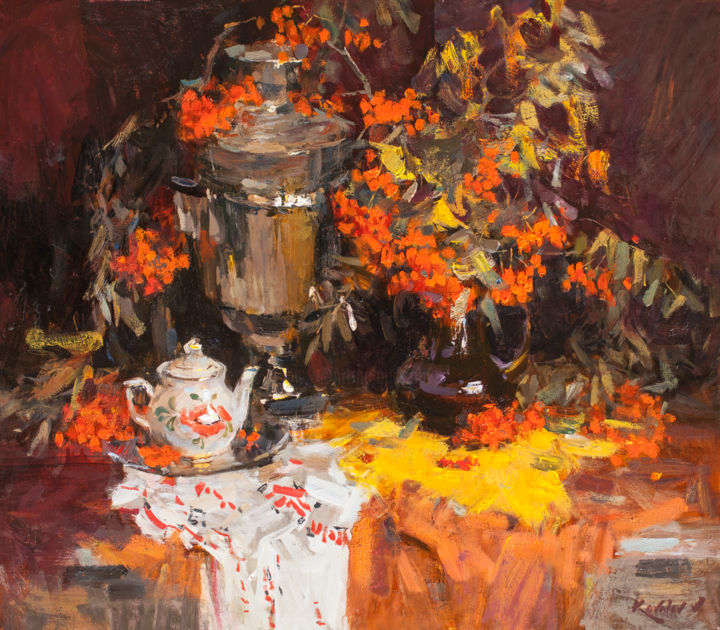 Peinture intitulée "Натюрморт с рябиной" par Vladimir Kovalev, Œuvre d'art originale, Huile