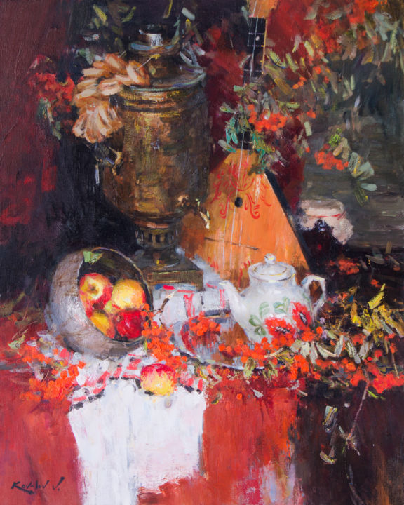 Peinture intitulée "Натюрморт с самовар…" par Vladimir Kovalev, Œuvre d'art originale, Huile