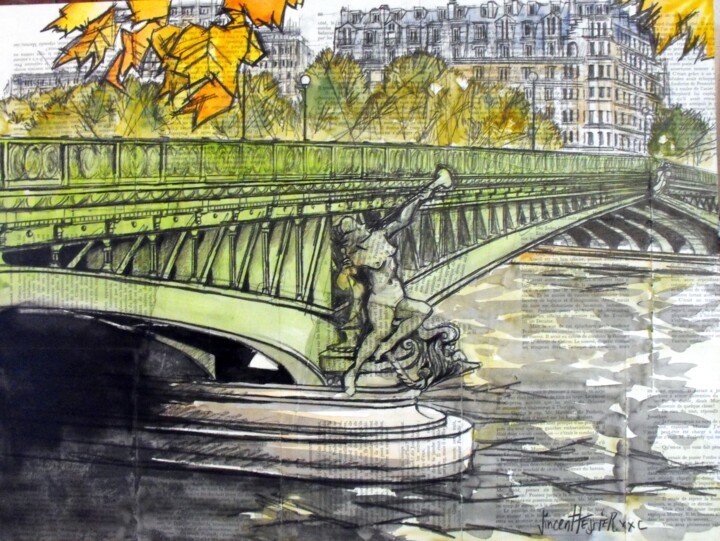 Painting titled "Mirabeau" by Vincent Tessier Xxc, Original Artwork, Ink Mounted on Wood Panel