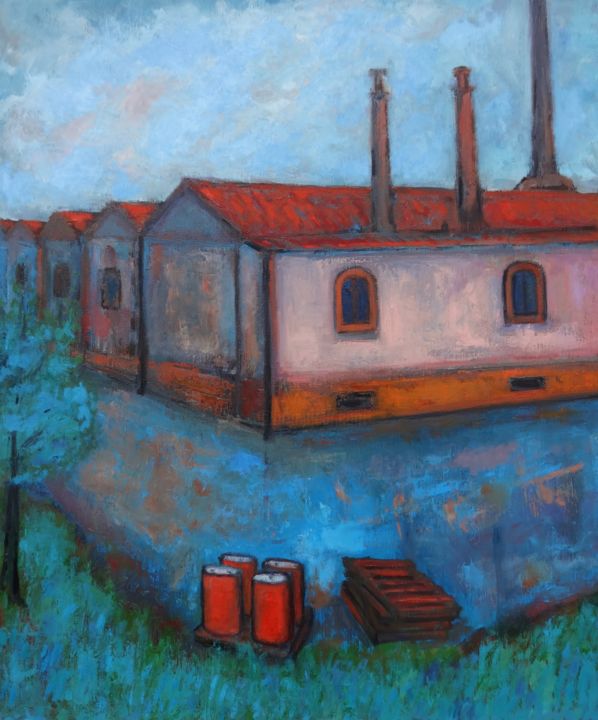 Old industrial area landscape Painting, 23.6x19.7 in