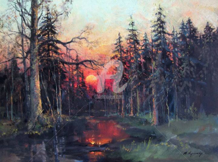 Pittura intitolato "Evening in forest.…" da Mark Kremer, Opera d'arte originale, Olio