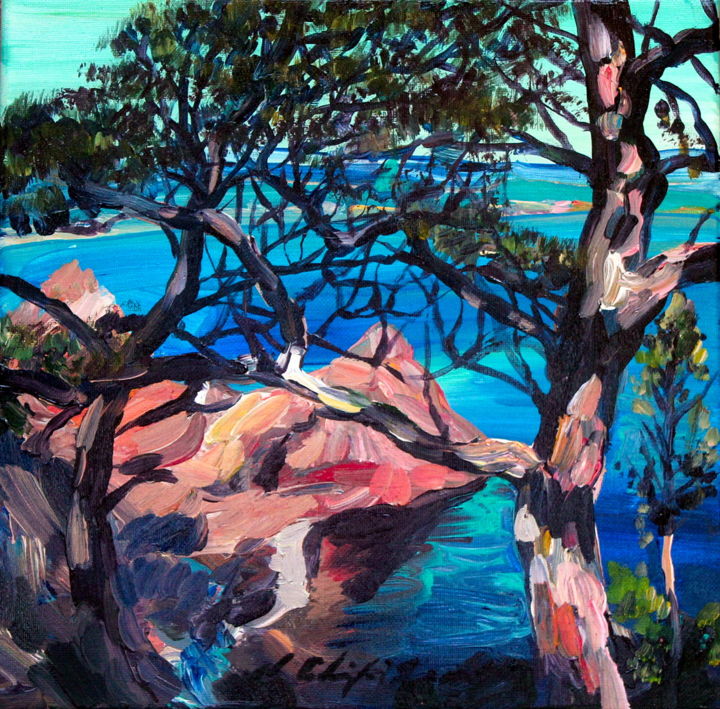 Painting titled "Pins, corniche d'or" by Nathalia Chipilova, Original Artwork, Acrylic