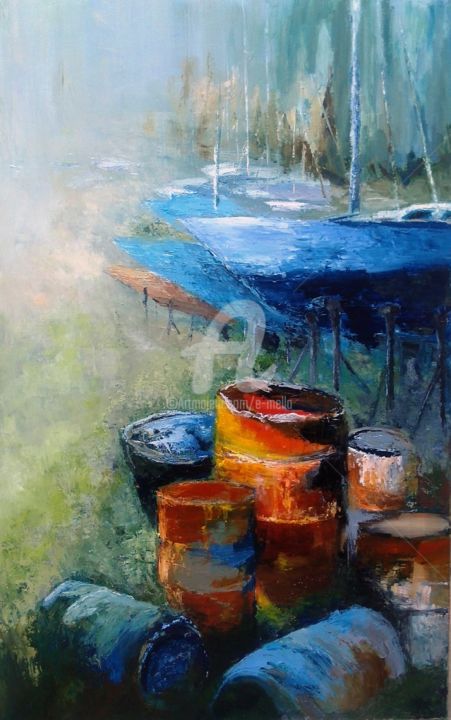 "Les bidons dans le port à sec" 123x73