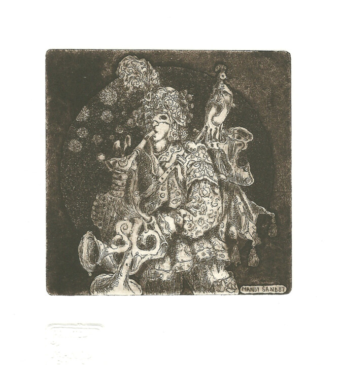 Printmaking titled "Bagpipe player" by Mandy Sand, Original Artwork, Engraving