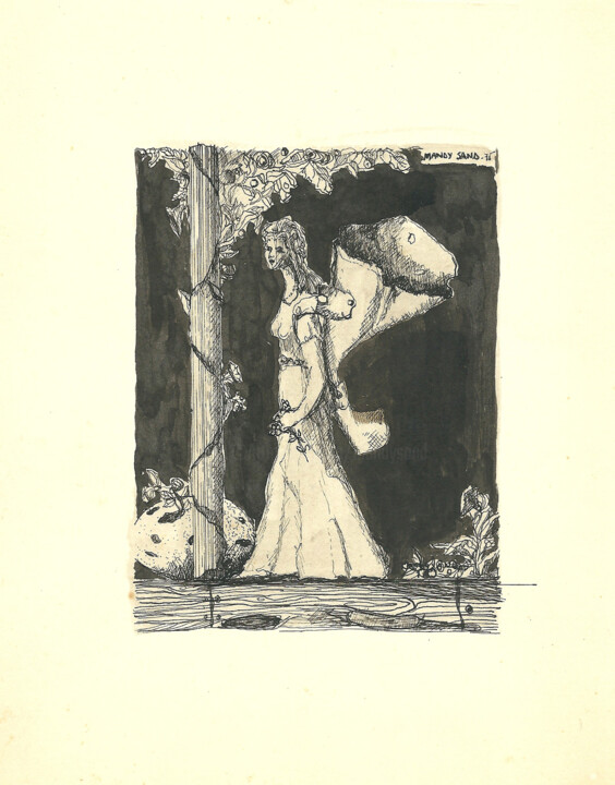Drawing titled "Angel and tree" by Mandy Sand, Original Artwork, Ink
