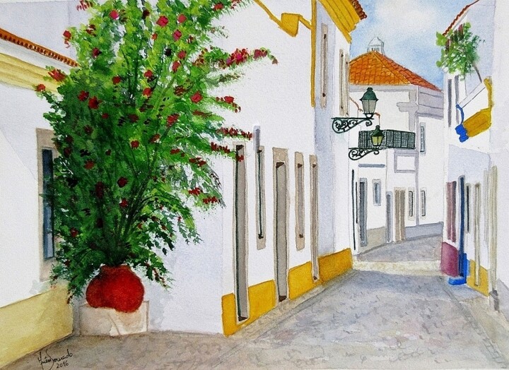 Painting titled "Um Recanto de Tavira" by Inês Dourado, Original Artwork, Watercolor
