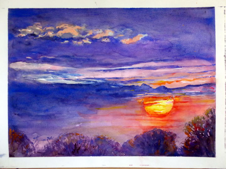 Peinture intitulée "SOLEIL COUCHANT-2" par Pierre Feyeux, Œuvre d'art originale, Aquarelle