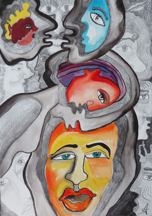 Dessin intitulée "Visages imbriqués" par Aurélie Sarrazin, Œuvre d'art originale, Encre