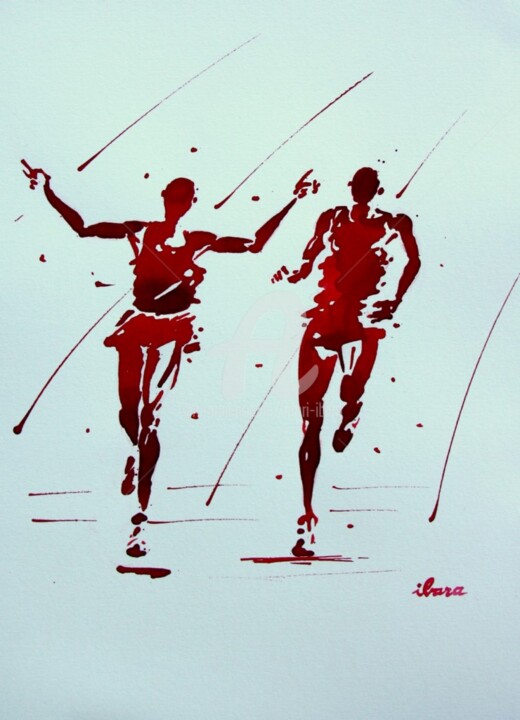 arrivee-10000m-dessin-d-ibara-a-l-encre-rouge-et-sanguine-sur-papier-aquarelle-300gr-format-30cm-sur-42cm-encadre.jpg 图画, 16.5x11.8 in