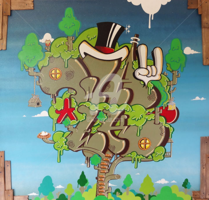 Painting titled "Cabane dans l'arbre" by Mr Walk, Original Artwork, Acrylic