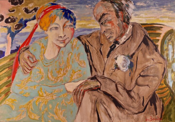 Painting titled "Le couple (banc ver…" by Dominique Bertrand, Original Artwork, Oil