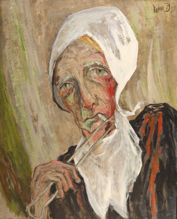 Peinture intitulée "Bretonne au tisonni…" par Dominique Bertrand, Œuvre d'art originale, Huile