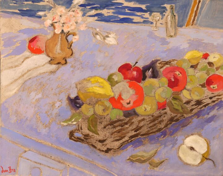 Peinture intitulée "Fruits sur bleu" par Dominique Bertrand, Œuvre d'art originale, Huile