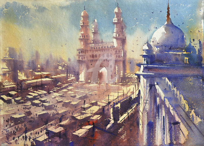 Painting titled "charminar-from-a-mo…" by Kishore Singh, Original Artwork, Watercolor