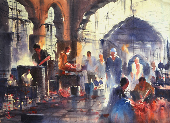 Painting titled "chicken-market.jpg" by Kishore Singh, Original Artwork