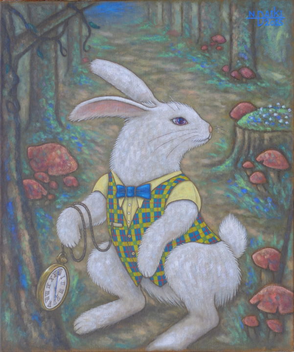 Peinture intitulée "Lapin blanc" par Daïki Nishio, Œuvre d'art originale, Huile