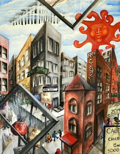 Brooklyn and the white picket fence in the sky 绘画, 20x16 in