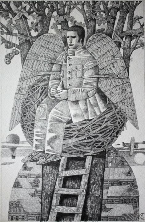 Drawing titled "Man-Bird" by Andrey Simakov, Original Artwork, Ink