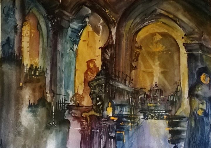Malerei mit dem Titel "Je vous salue - Piè…" von Isabelle Mathis, Original-Kunstwerk, Aquarell