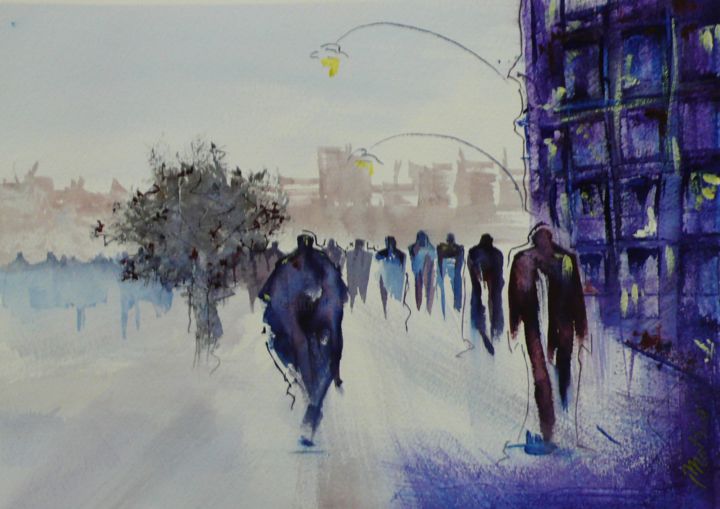 Malerei mit dem Titel "L'homme qui marche…" von Isabelle Mathis, Original-Kunstwerk, Aquarell
