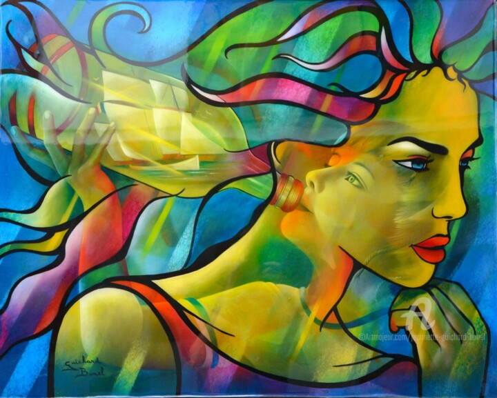 Peinture intitulée "buveur de songes" par Jeannette Guichard-Bunel, Œuvre d'art originale, Huile