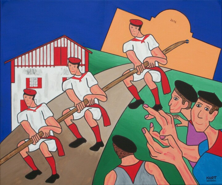 Tableau naif soka-tira ( tir à la corde ) 绘画, 19.7x23.6 in