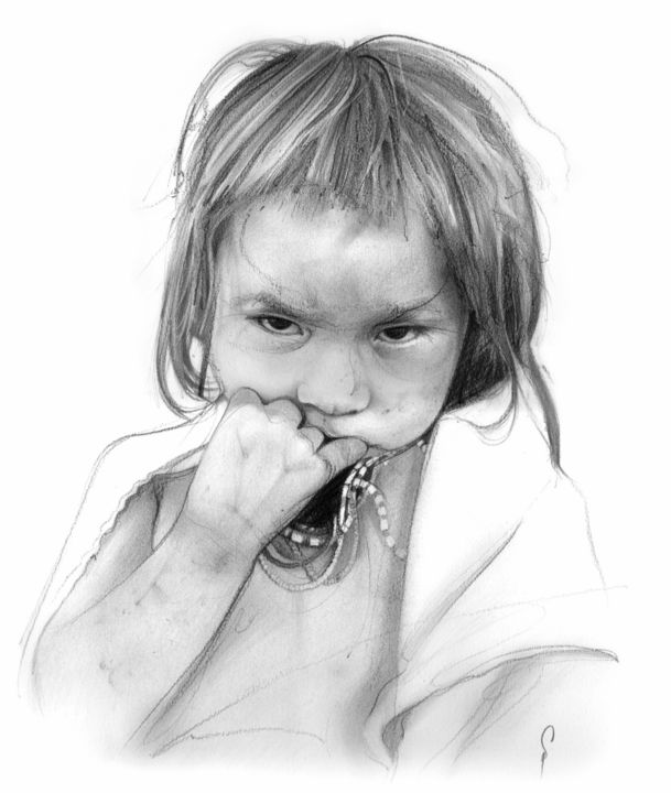 Tekening getiteld "Enfant shipibo coni…" door Sylvain Puech, Origineel Kunstwerk, Grafiet
