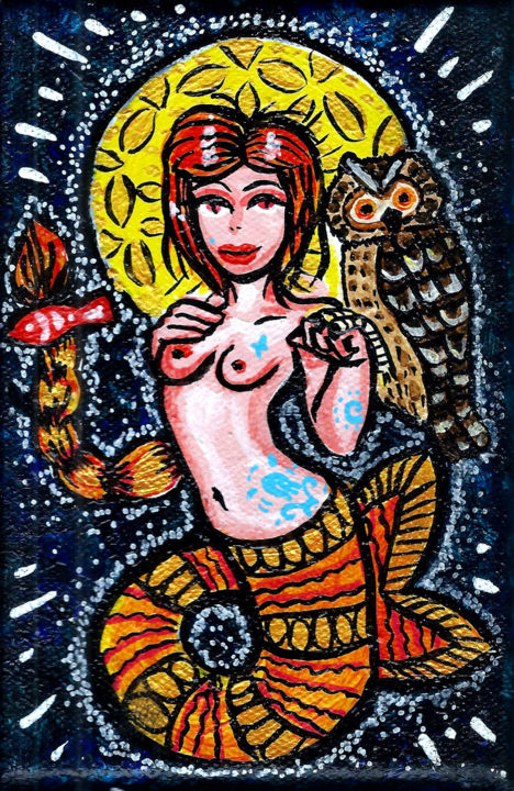 Sirène au Hibou 绘画, 5.9x3.9 in