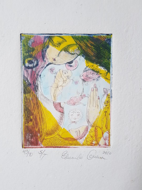 印花与版画 标题为“Femme & Poissons” 由Eduardo Guerra, 原创艺术品, 雕刻